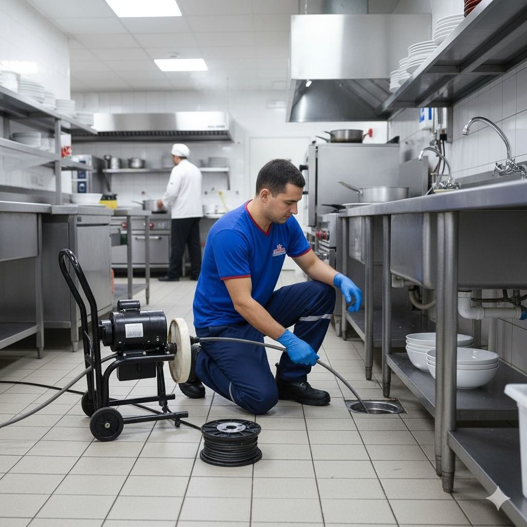 Técnico da Suprema Desentupidora desentupindo ralo de cozinha industrial em Monte Mor com máquina rotativa